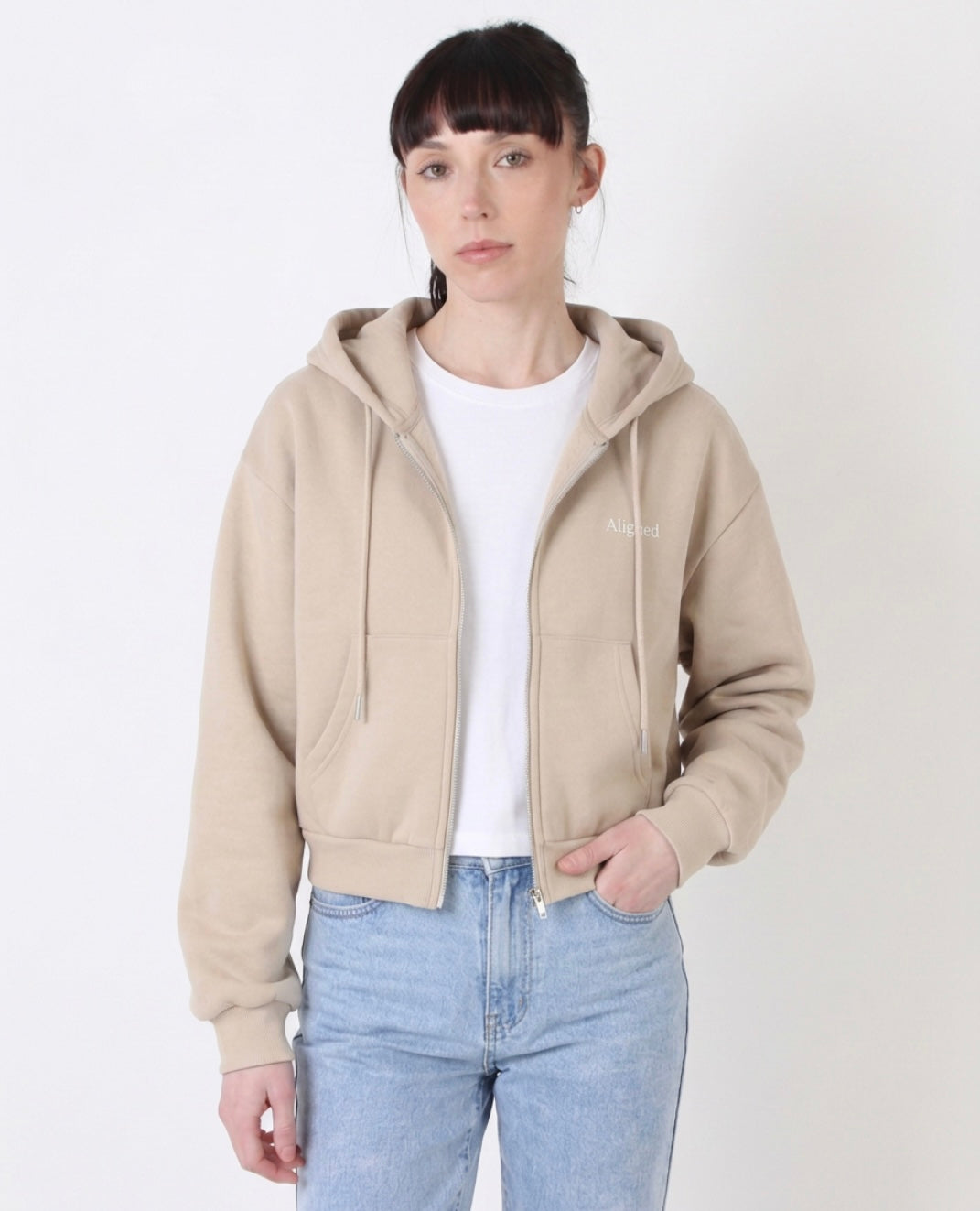 Aligned Cropped Zip-Up Hoodie – Beige