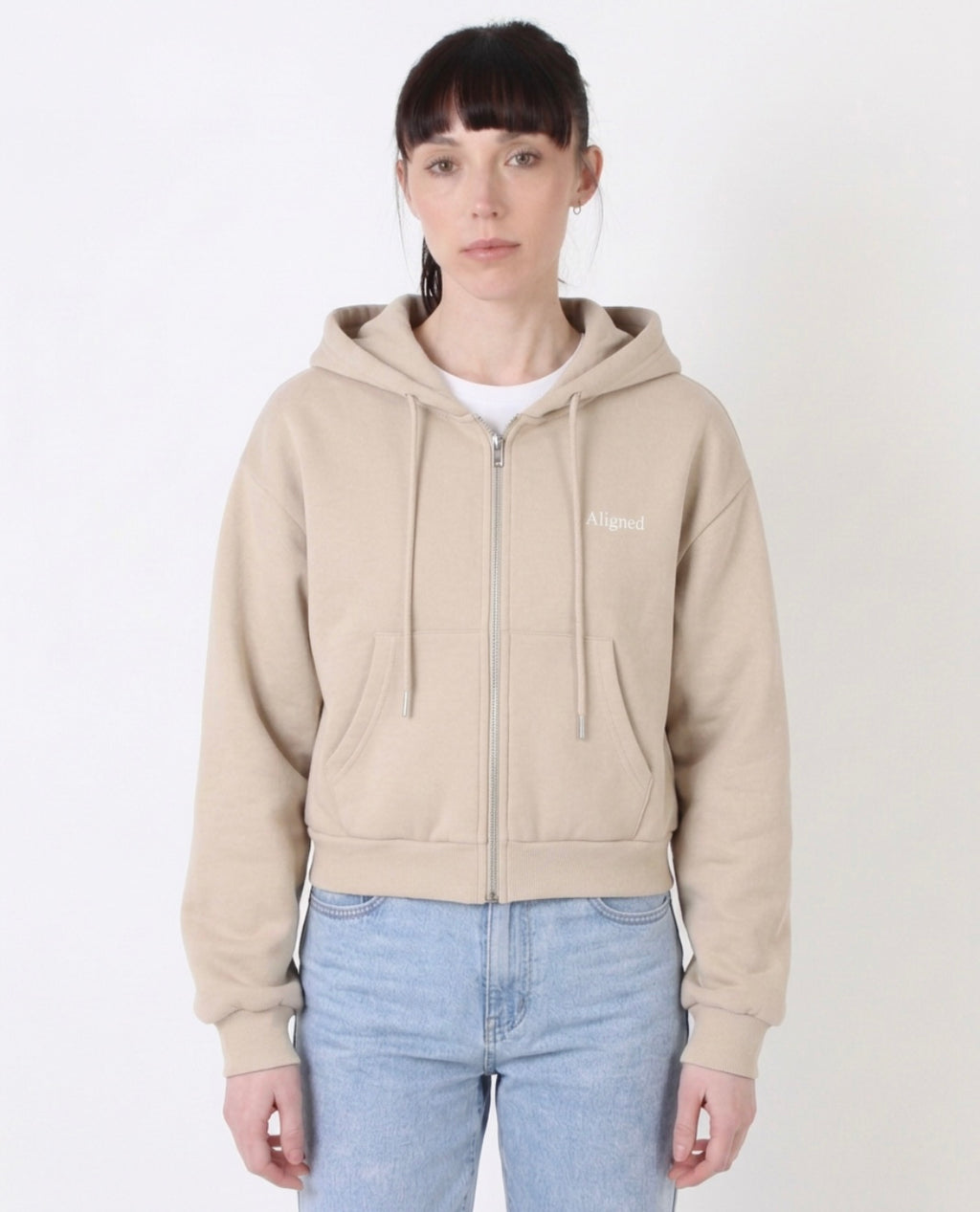 Aligned Cropped Zip-Up Hoodie – Beige