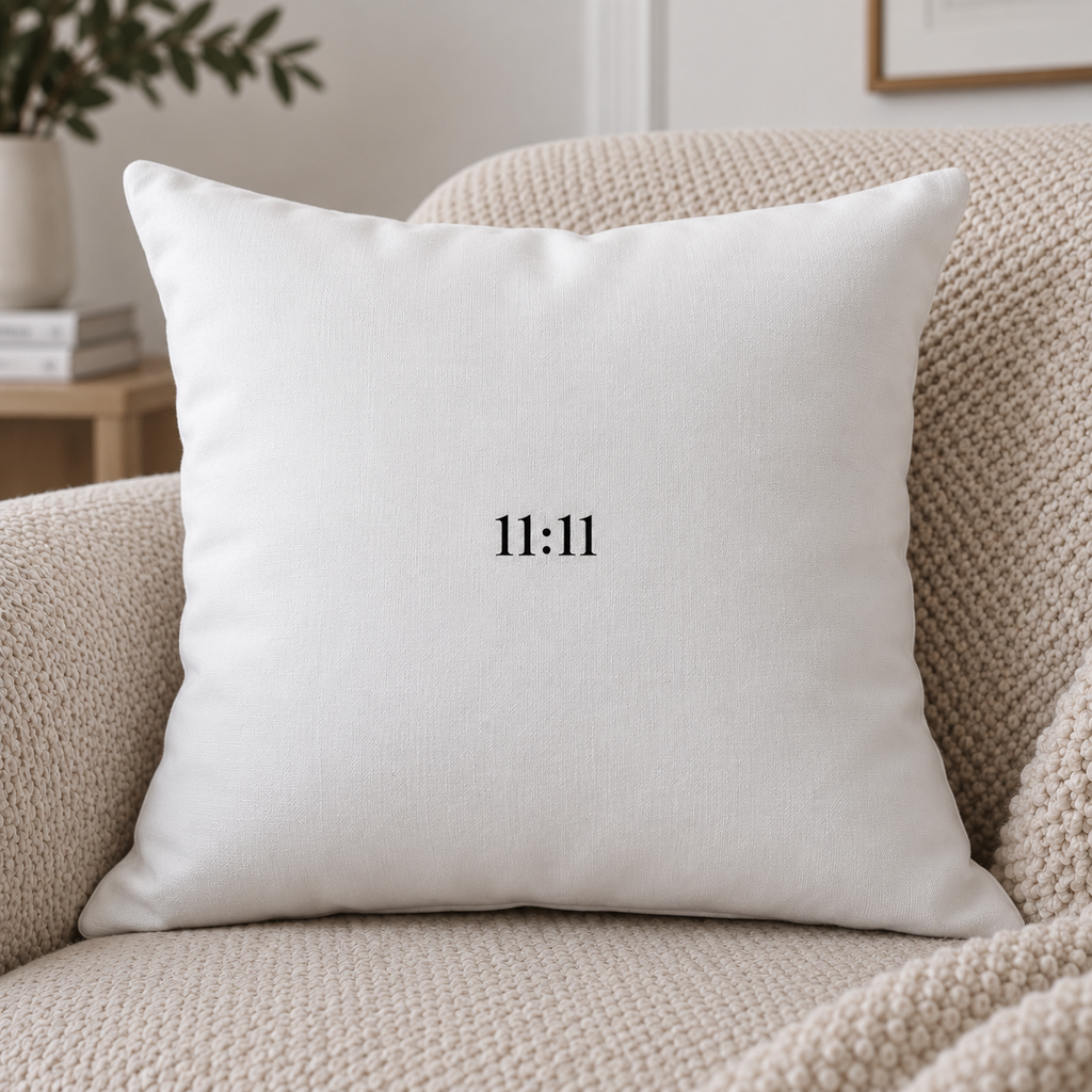 11:11 Minimalist Cushion – White with Black Design
