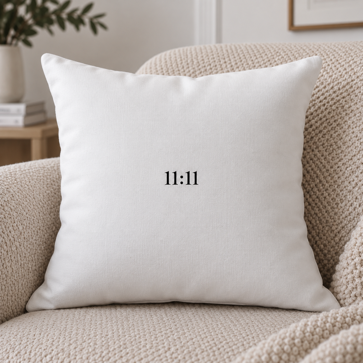 11:11 Minimalist Cushion – White with Black Design