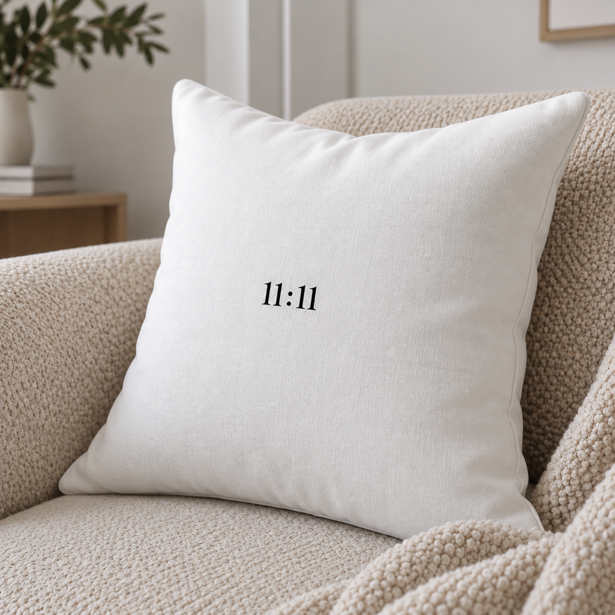 11:11 Minimalist Cushion – White with Black Design