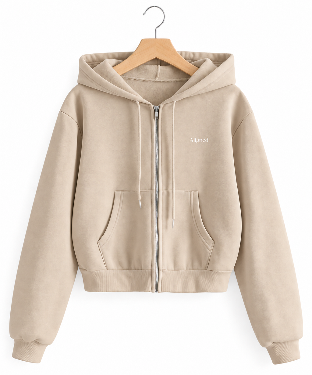 Aligned Cropped Zip-Up Hoodie – Beige