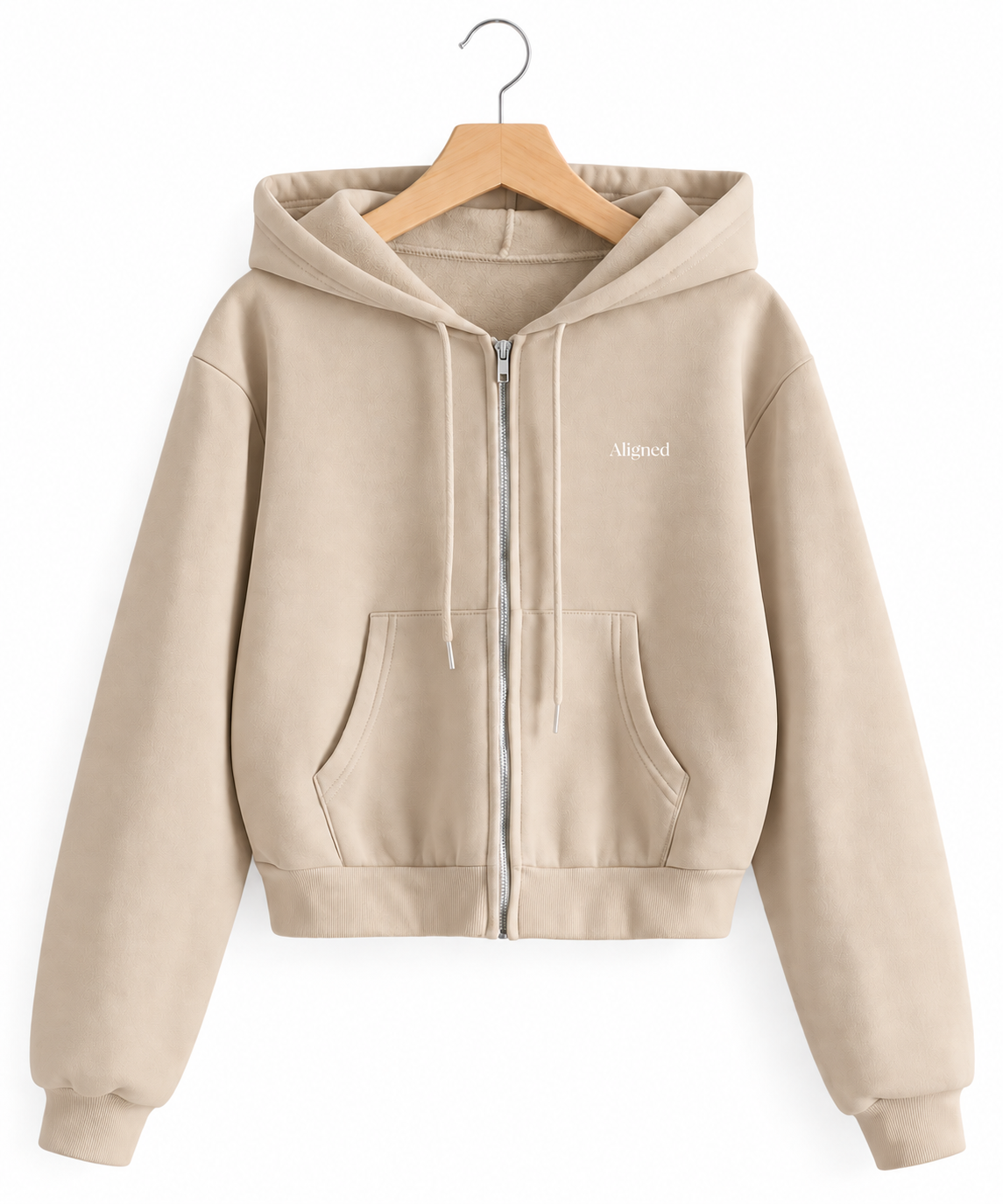 Aligned Cropped Zip-Up Hoodie – Beige