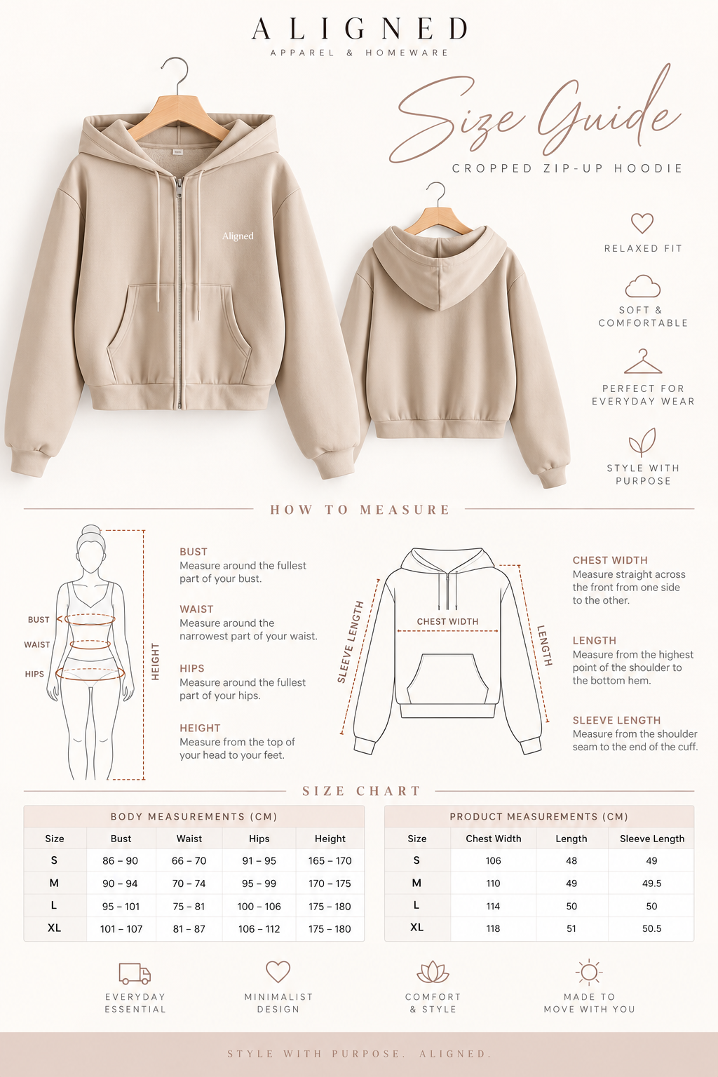 Aligned Cropped Zip-Up Hoodie – Beige